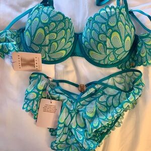 Savage X Fenty Teal and Lime Lace Bra Set